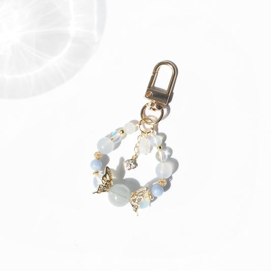 Crystal Charm Keychain for Stress Relieve, Tranquility and Emotional Balance with Blue Amphibole, Moonstone, Blue Lace Agate and Opalite