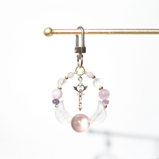 Crystal Charm Keychain for Emotional Balance and Positivity with Pink Lepidolite, Kunzite, Amethyst and Moonstone