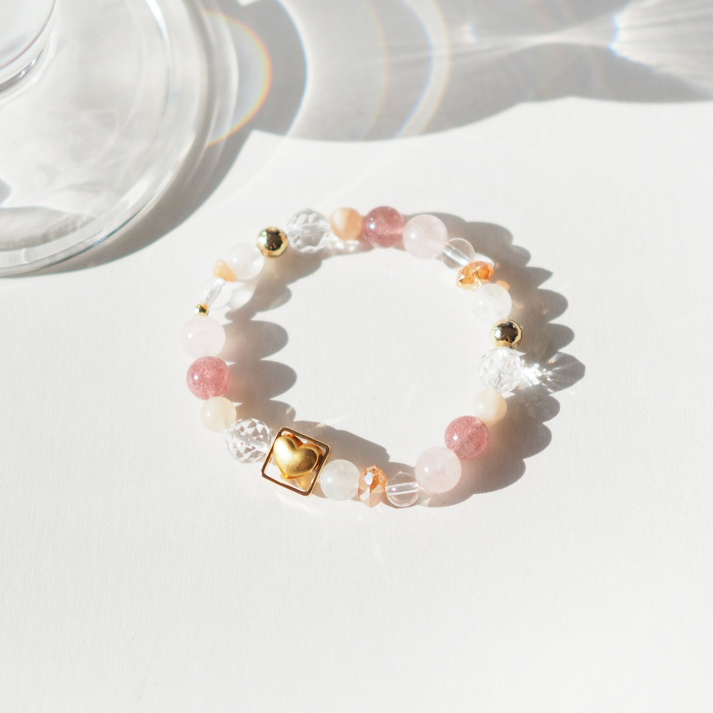 For Love and Happiness Women's Beaded Bracelet Moonstone, Strawberry Quartz, Rose Quartz, Pink Opal