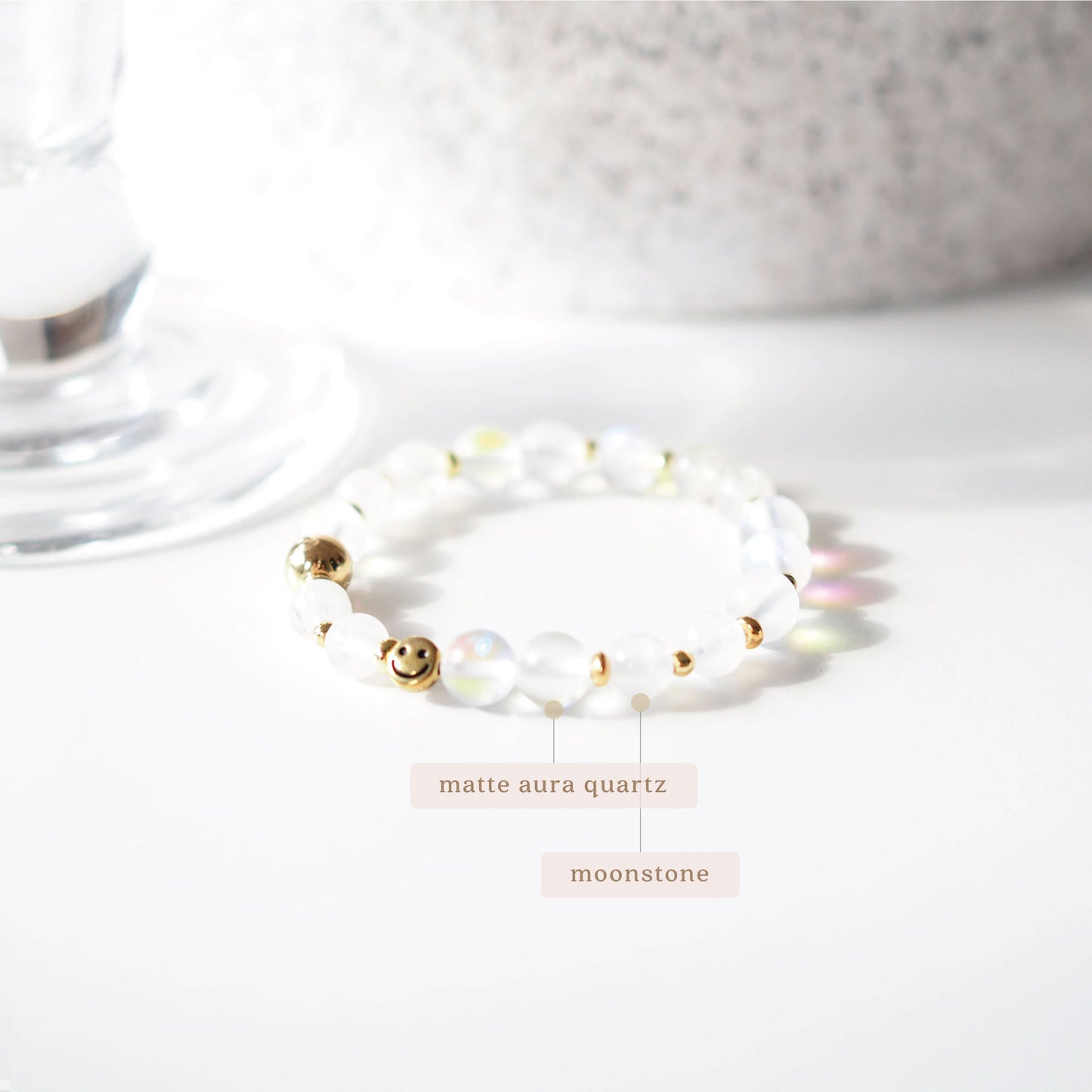 Women's Beaded Bracelet for Joy, Happiness and Positivity, Matte Aura Quartz and Moonstone