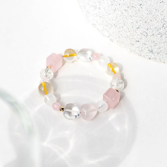 For Love and Abundance Women's Beaded Bracelet Rose Quartz, Clear Quartz, Citrine and White Phantom