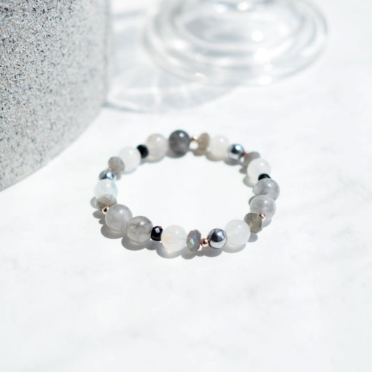 For Strength, Self-growth and Confidence Women's Beaded Bracelet with Labradorite, Black Rutilated Quartz and Moonstone