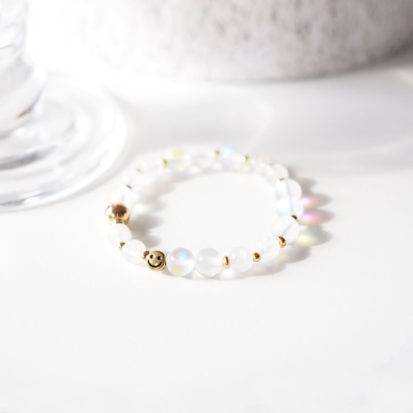 Women's Beaded Bracelet for Joy, Happiness and Positivity, Matte Aura Quartz and Moonstone