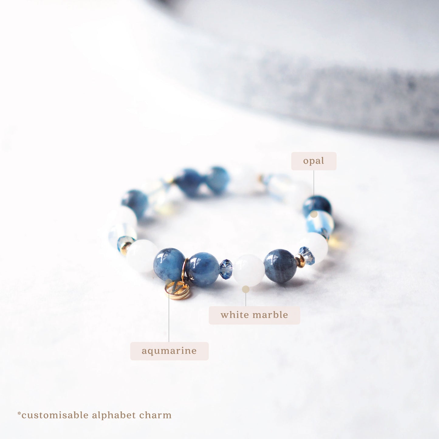 For Courage, Strength & Serenity Women's Beaded Bracelet with Aquamarine, Opal and White Marble